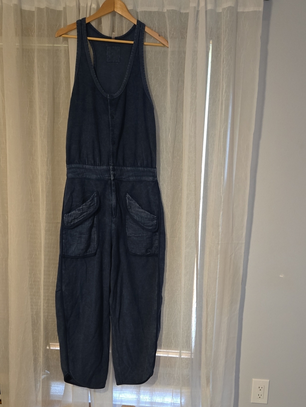 FP Movement by Free People Washed Navy Denim Cargo Pocket Jumpsuit